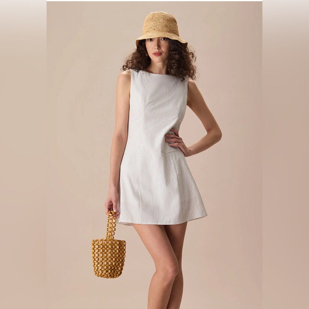 NWT RIHOAS The Beige Boat Neck Striped Mini Dress Sz XL